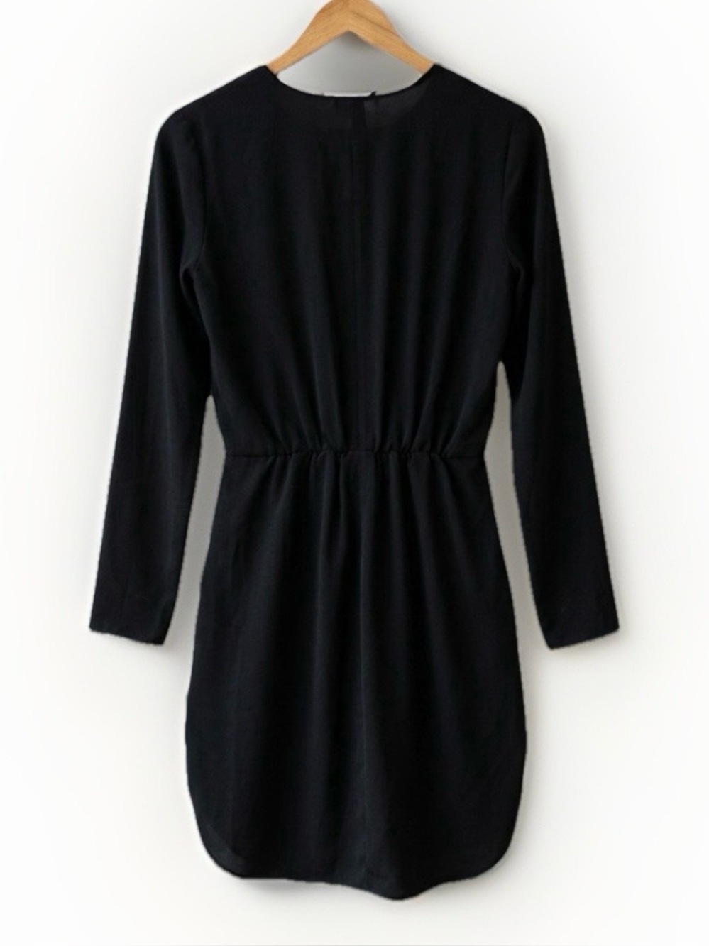 Aritzia Wilfred Black Mini Dress V Neck Long Sleeve Silk Trim XS - Picture 3 of 6